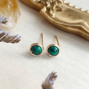 Malachite Stud Earrings 14K Gold Filled, Rose Gold Filled, Sterling Silver, Green Gemstone Wire Wrapped Stud Earrings