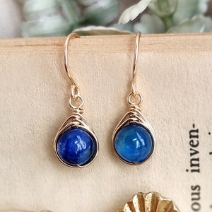 Kyanite Dangle Earrings, Wire Wrapped in 14 Gold Filled, Rose Gold Filled, Sterling Silver, Dainty Kyanite Earrings, Blue Stone Earrings