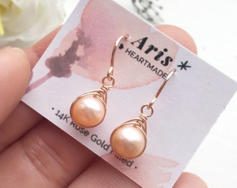 Pink Pearl Drop Earrings, 14K Rose Gold Filled, Sterling Silver Pearl Earrings, Gold, Rose Gold Dangle Pearl Earrings