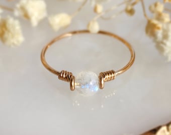 Moonstone Ring, 14K Gold Filled - Sterling Silver Wire Wrapped Ring, Tiny Gold Stacking Ring, June Birthstone Ring