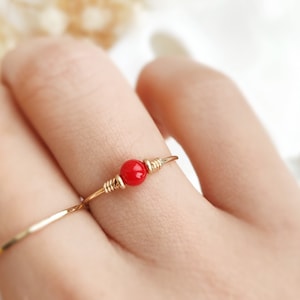 Tiny Red Coral Ring, 14K Gold Filled, Rose Gold Filled, Sterling Silver Wire Wrapped Ring, Gemstone Anxiety Ring, Pinky Ring