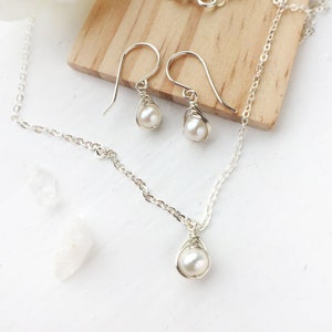 Dainty White Pearl Earrings & Necklace Set, Sterling Silver, Gold Filled Pearl Jewelry Set