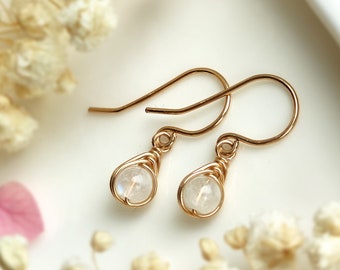 Tiny Moonstone Dangle Earrings, 14K Gold-Rose Gold Filled, Sterling Silver, June Birthstone Gift