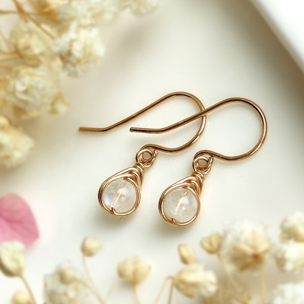 Tiny Moonstone Dangle Earrings, 14K Gold-Rose Gold Filled, Sterling Silver, June Birthstone Gift