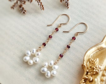 Garnet and Pearl Long Dangle Earrings in 14K Gold Filled, Dainty Earrings, Gift for Her