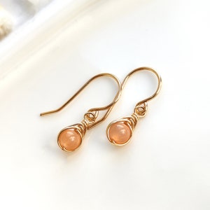 Sunstone Dangle Earrings, 14K Gold - Rose Gold Filled - Sterling Silver, Tiny Sunstone Wire Wrap Earrings