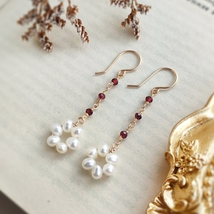Garnet and Pearl Long Dangle Earrings in 14K Gold Filled, Dainty Earrings, Gift for Her