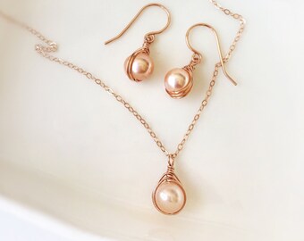 Pink Pearl Earrings and Necklace Set, 14K Gold Filled, Rose Gold Filled, Sterling Silver Pearl Jewelry Set, Bridesmaid Gift