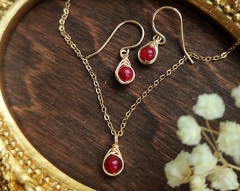 Dainty Ruby Earrings and Necklace Set 14K Gold Filled, Ruby Wedding Anniversary Gifts, July Birthstone Gift, Birthstone Jewelry