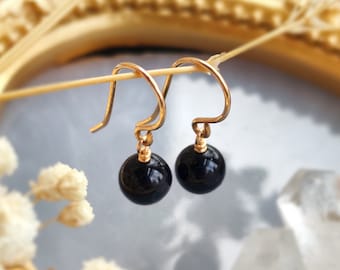 Tiny Black Tourmaline Ball Dangle Earrings 14K Gold Filled, Rose Gold Filled, Sterling Silver, Empath Protection, Tiny Gemstone Earrings