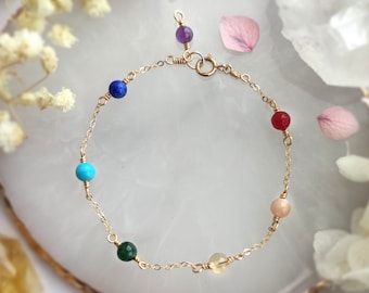 Seven Chakra Healing Gemstone Bracelet, 14K Gold Filled Delicate Layering Bracelet, Rainbow Healing Stone Bracelet
