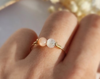 Moonstone and Sunstone Ring, 14K Gold Filled, Sterling Silver Wire Wrapped Ring, Moon and Sun Ring, Couple Promise Ring, Two Stone Ring