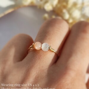 Moonstone and Sunstone Ring, 14K Gold Filled, Sterling Silver Wire Wrapped Ring, Moon and Sun Ring, Couple Promise Ring, Two Stone Ring