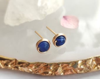 Tiny Sodalite Stud Earrings 14K Gold Filled, Rose Gold Filled, Sterling Silver Wire Wrapped Tiny Gemstone Earrings