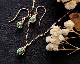 Zierliches Smaragd Schmuckset, Ohrringe und Halskette Set, 14K Gold - Roségold filled, Sterling Silber, Mai Geburtsstein Schmuck Geschenk für Sie