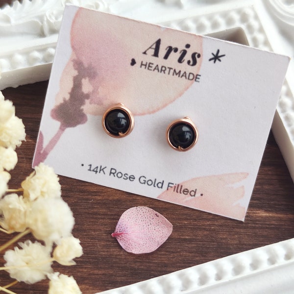 Tiny Black Tourmaline 14K Gold Filled Wire Wrapped Stud Earrings, Rose Gold filled, Sterling Silver, Small Gemstone Earrings