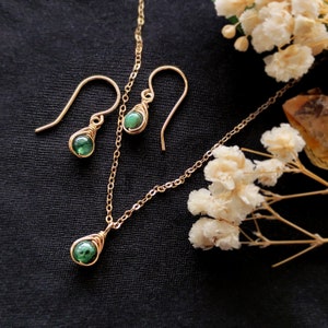 Dainty Emerald Jewelry Set, Earrings and Necklace Set, 14K Gold - Rose Gold Filled, Sterling Silver, May Birthstone Jewelry Gift For Her