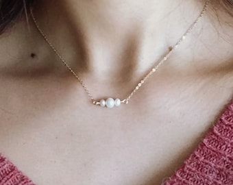 Dainty Three Pearl Bar Necklace, 14K Gold, Rose Gold Filled - Sterling Silver Dainty White Freshwater Pearl Necklace, Choker