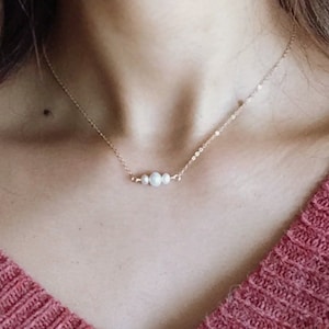 Dainty Three Pearl Bar Necklace, 14K Gold, Rose Gold Filled - Sterling Silver Dainty White Freshwater Pearl Necklace, Choker