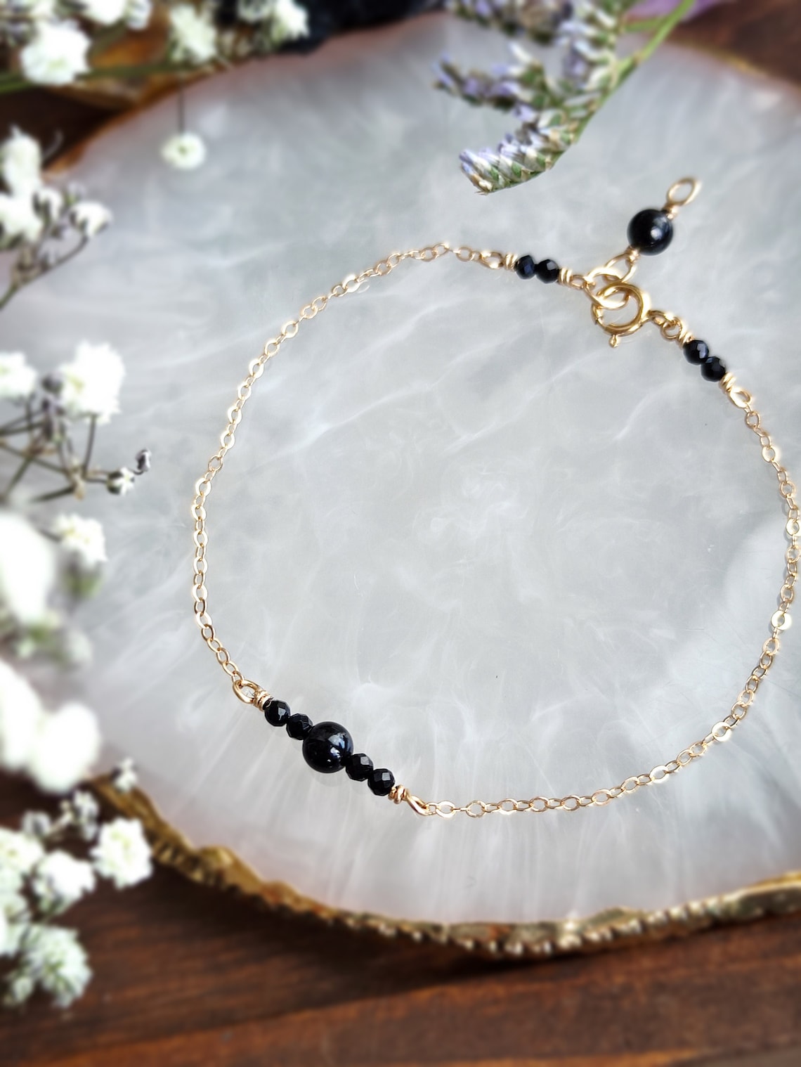 Dainty Black Tourmaline Bracelet 14K Gold Filled