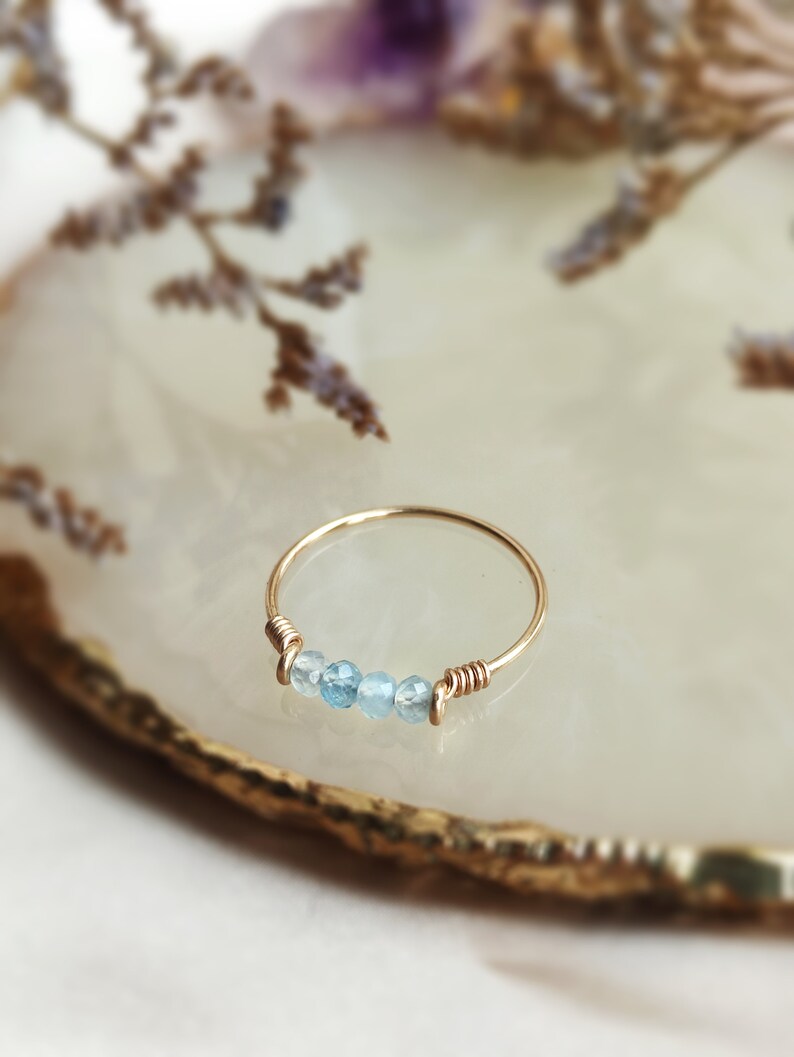 Dainty Raw Aquamarine Ring, 14K Gold Filled, Rose Gold Filled, Sterling Silver, Thin Gold Stacking Ring, March Birthstone image 4