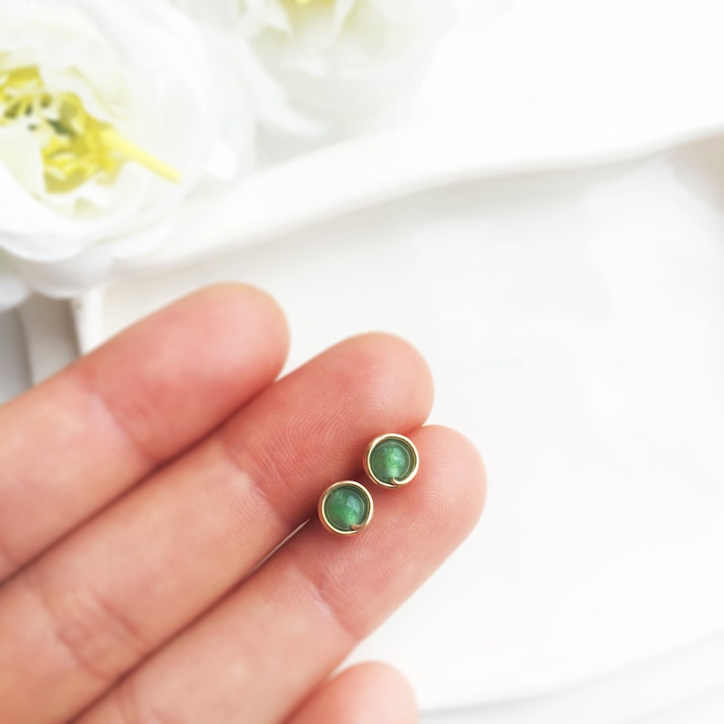 Tiny Green Jade Stud Earrings 14K Gold Filled Rose Gold Etsy