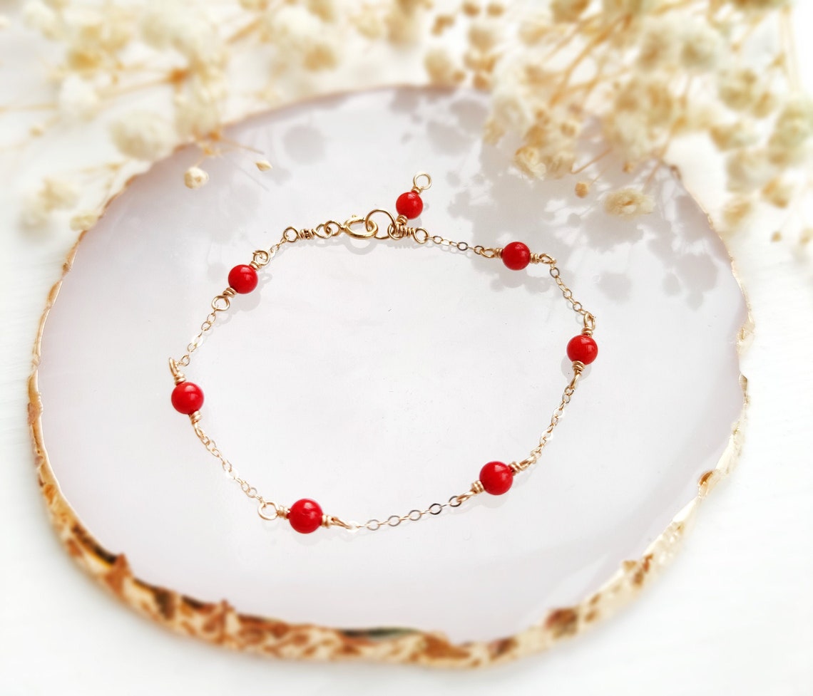 Red Coral Bracelet 14K Gold Filled