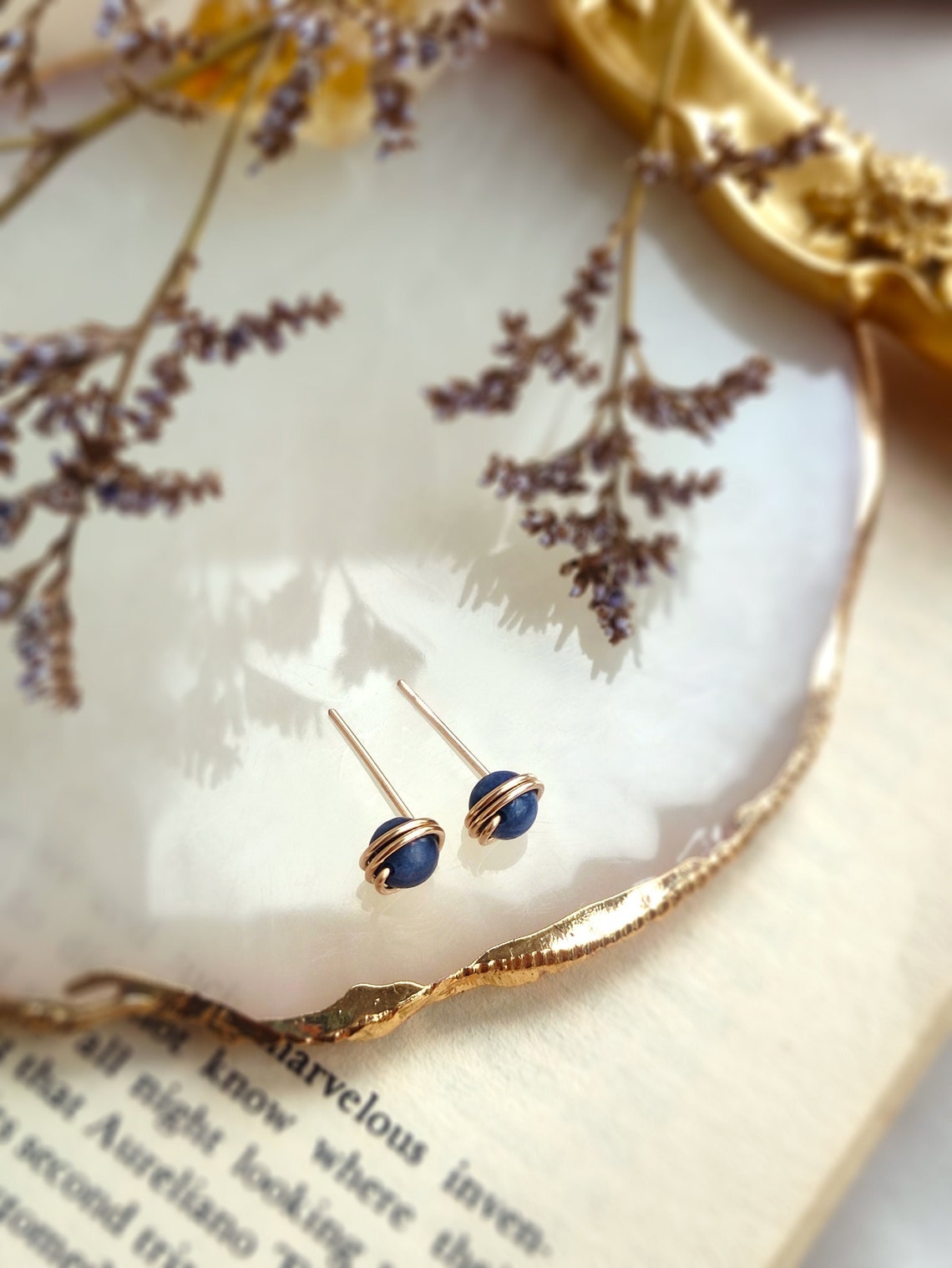 Natural Sapphire Stud Earrings 14K Gold Filled