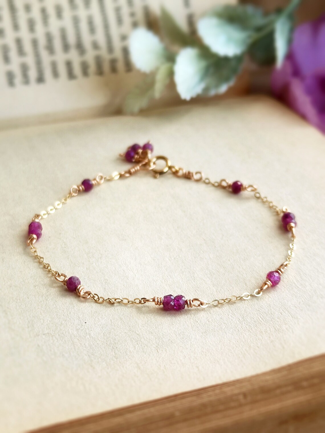 Dainty Ruby Bracelet 14K Gold Filled