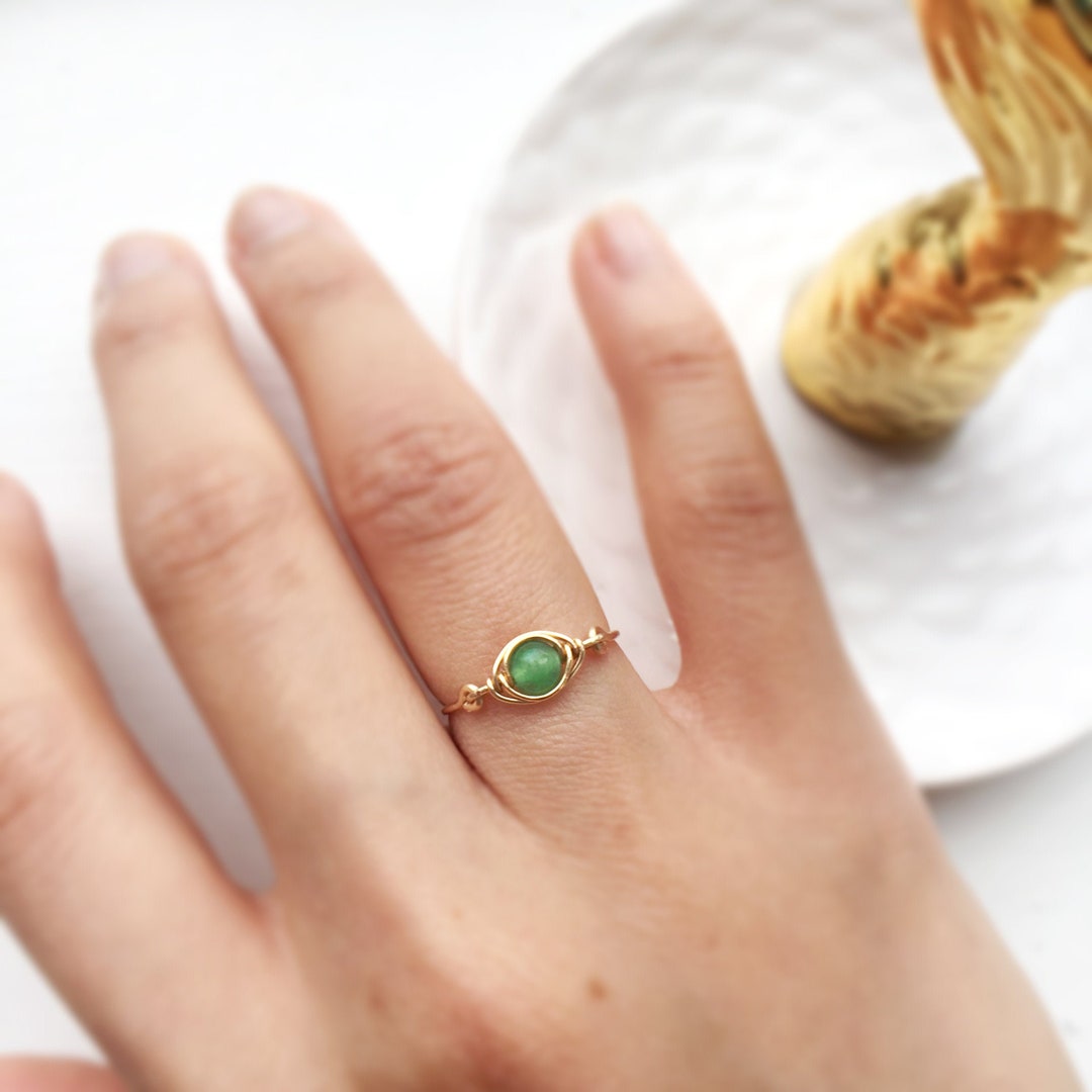 Dainty Green Jade Eye Ring, 14K Gold Filled - Sterling Silver Wire