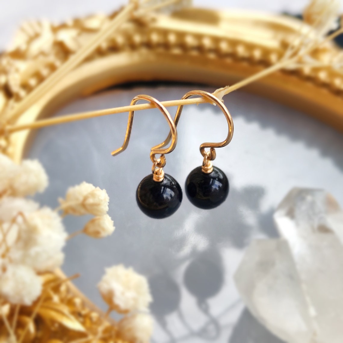 Black Tourmaline Ball Dangle Earrings