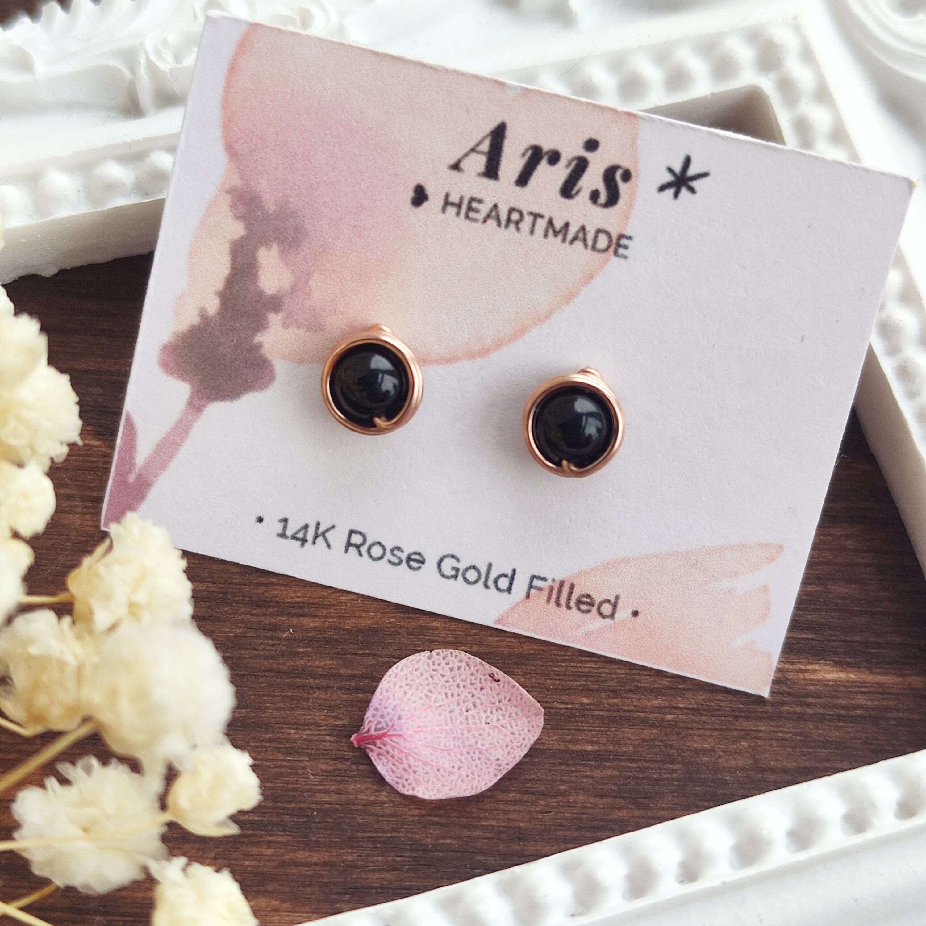 Tiny Black Tourmaline 14K Gold Filled Wire Wrapped Stud Earrings