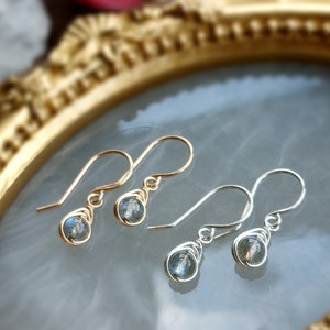 May include: Two pairs of dangle earrings. One pair features gold-colored wire and the other silver-colored wire. Each earring has a small, round, gray gemstone wrapped in wire. The earrings are displayed on a light gray surface.