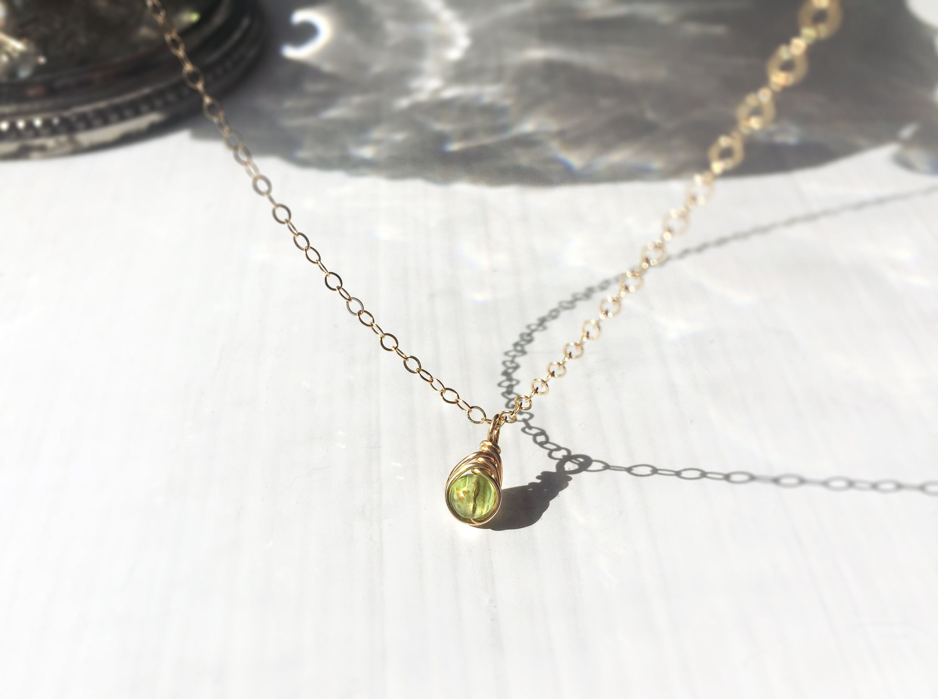 Dainty Peridot Necklace, 14K Gold Filled, August Birthstone
