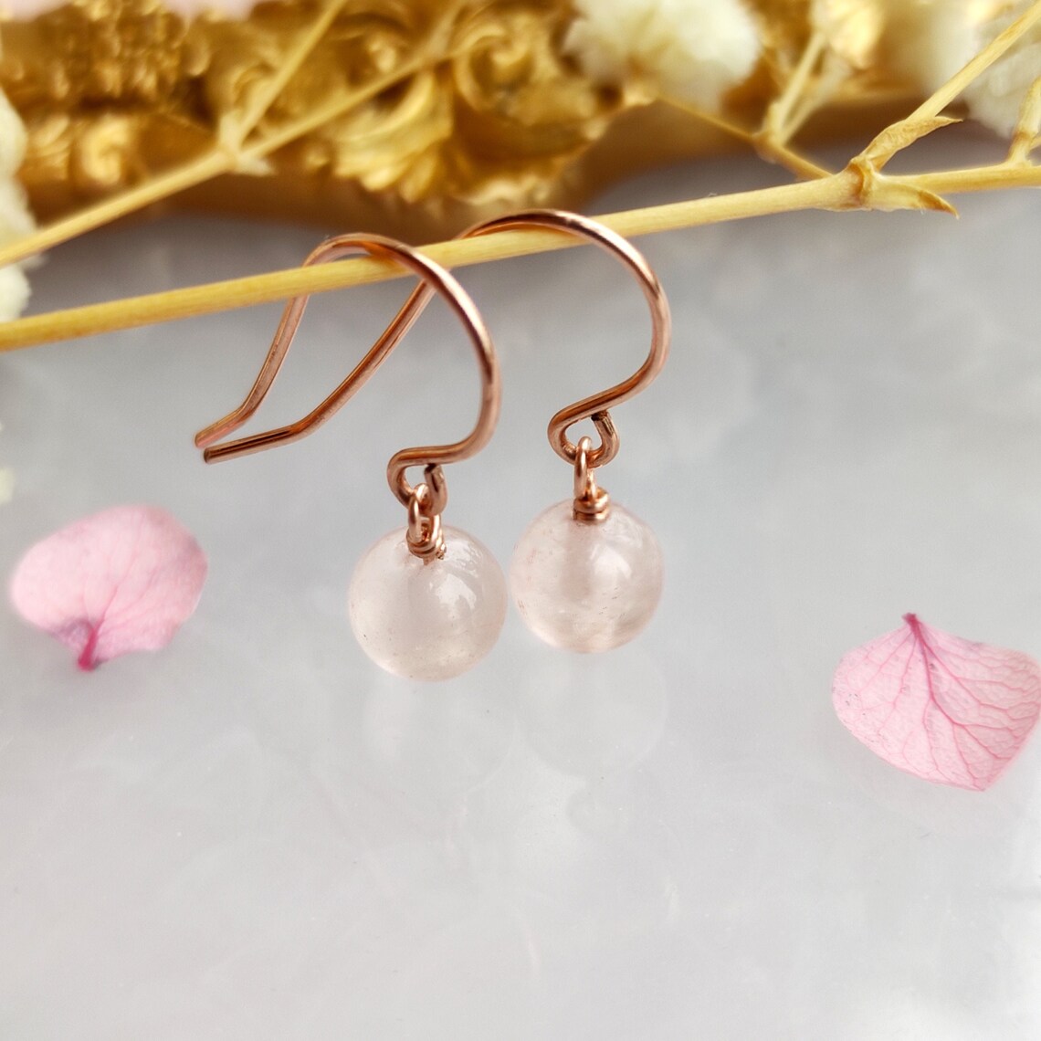 Rose Quartz Ball Drop Earrings 14K Gold Filled