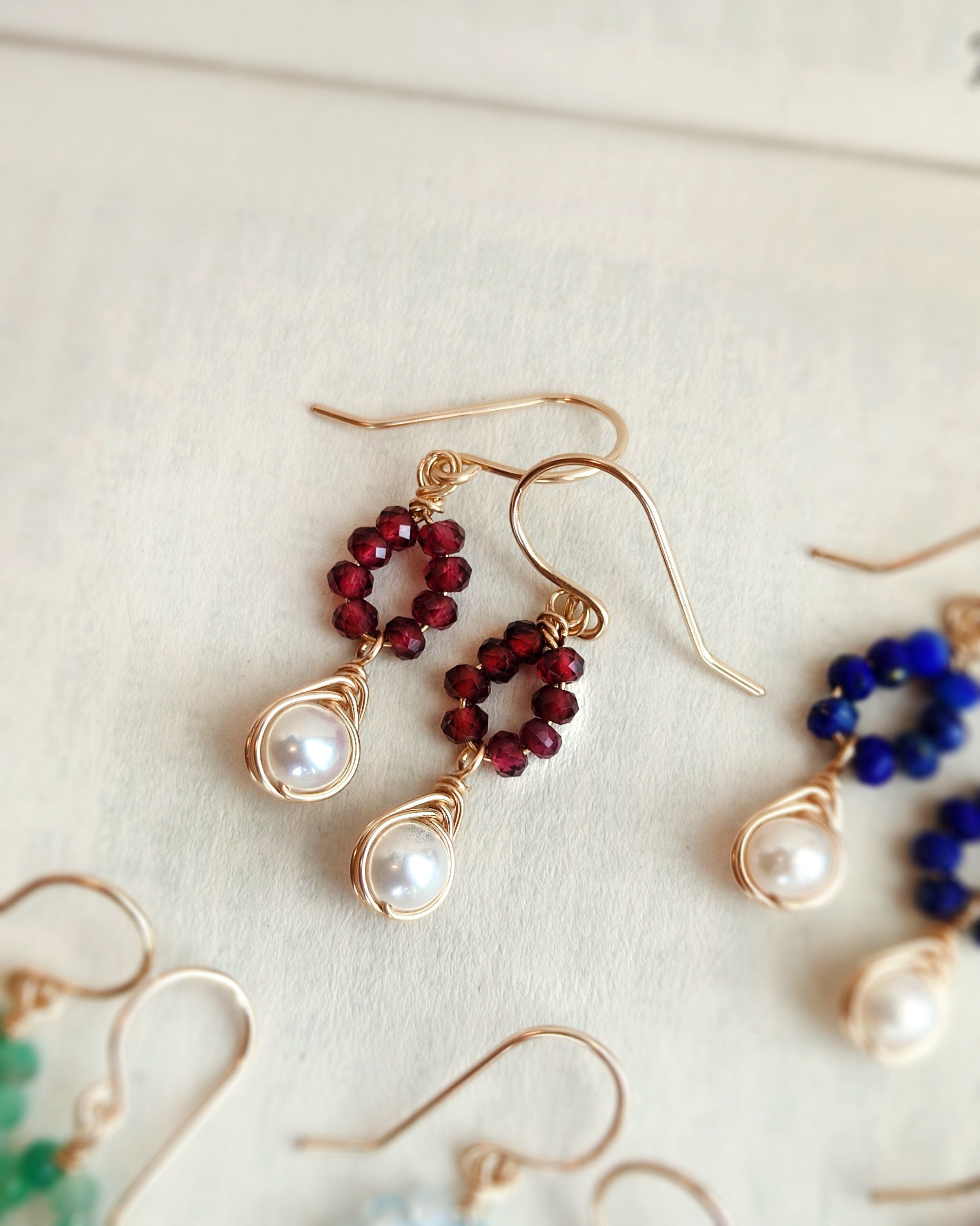 Dainty Garnet & Pearl Dangle Earrings in 14K Gold Filled