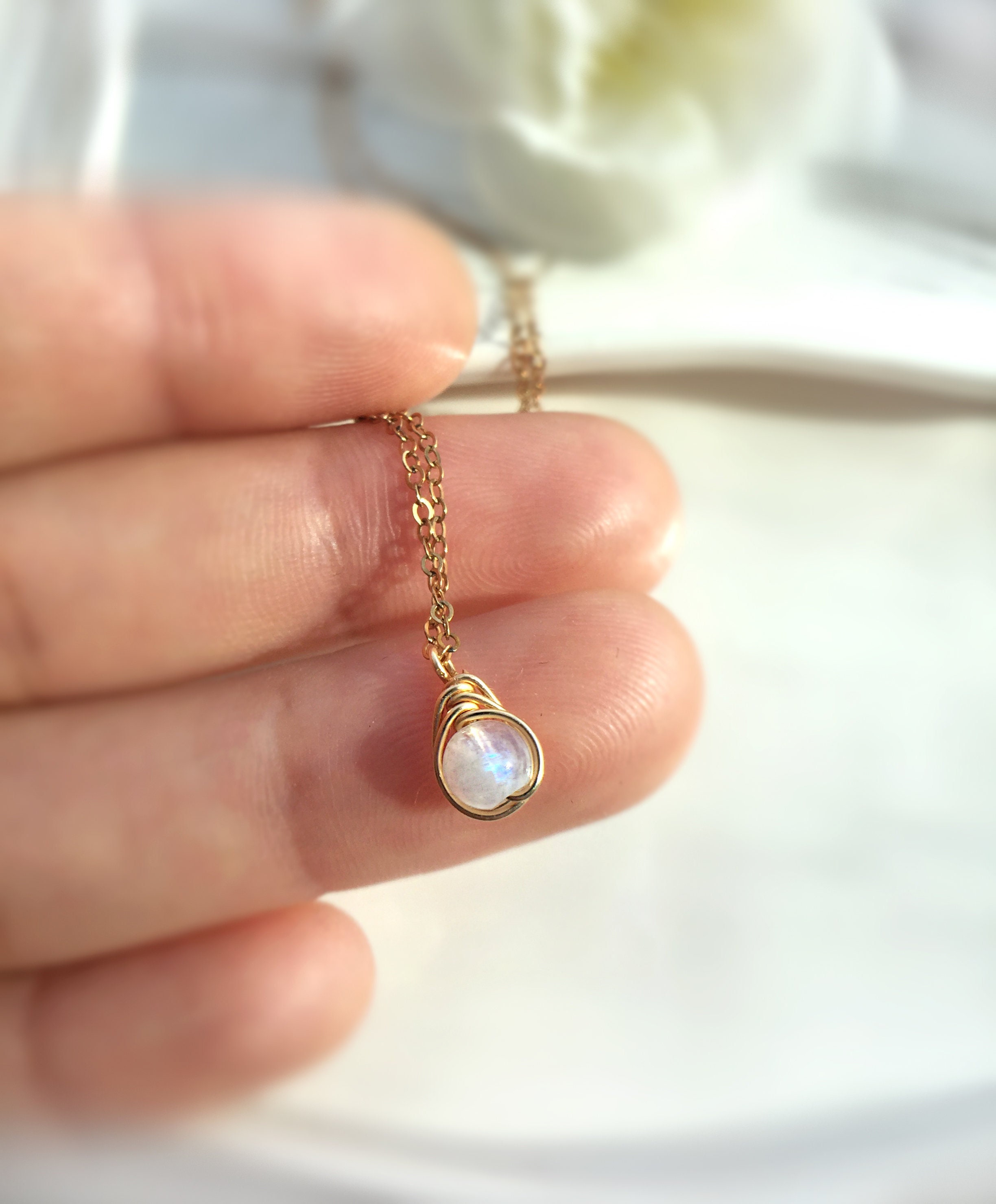 Dainty Moonstone Necklace, 14K Gold Filled, Rose Gold Filled, Sterling Silver Gemstone Pendant Necklace, June Birthstone Gift