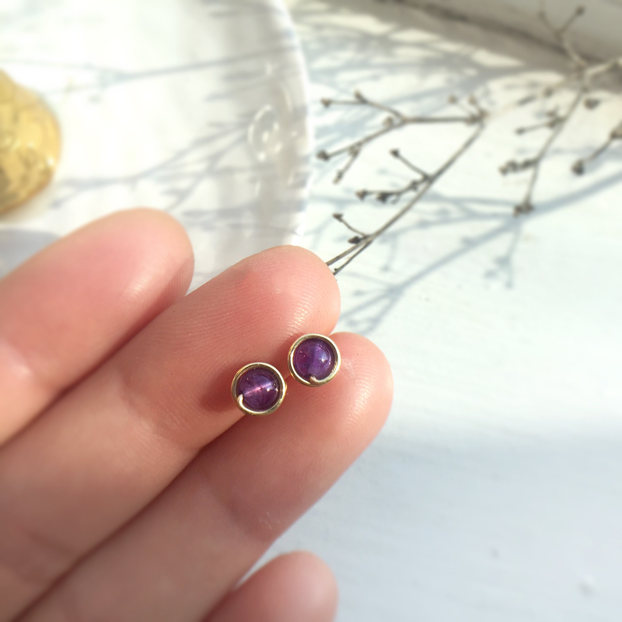 Tiny Amethyst Stud Earrings 14K Gold Filled