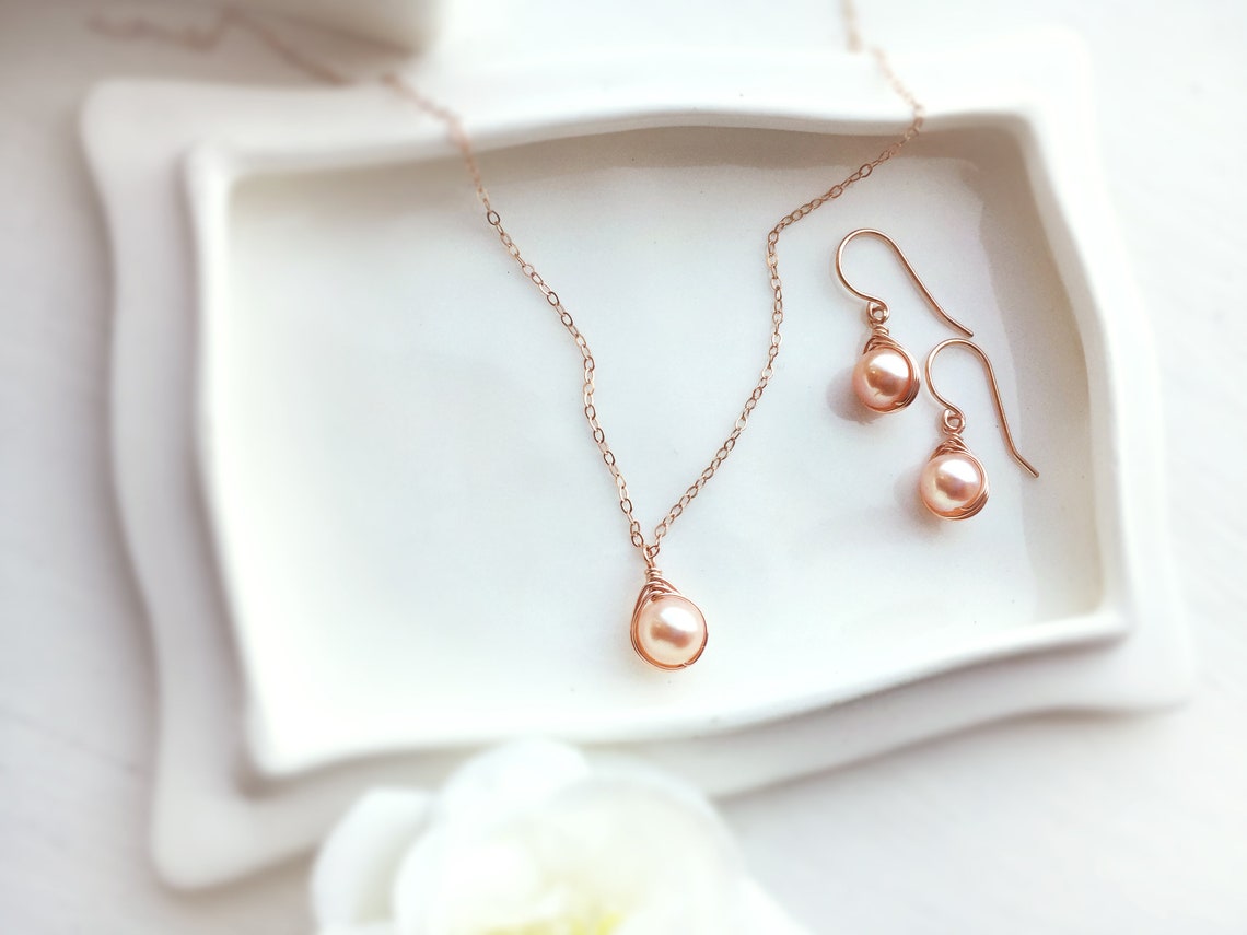 Pink Pearl Earrings and Necklace Set 14K Gold Filled Rose Etsy