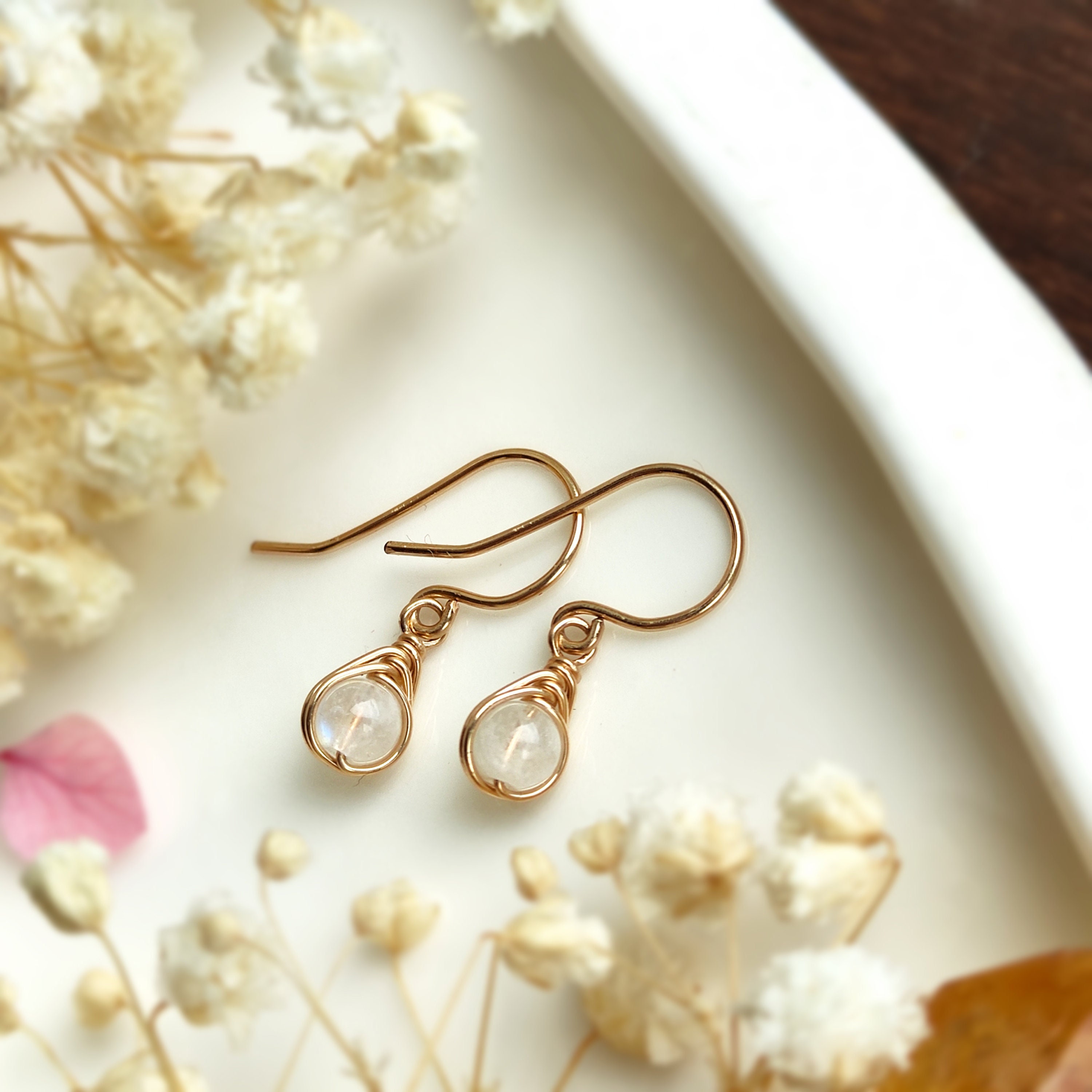 Tiny Moonstone Dangle Earrings