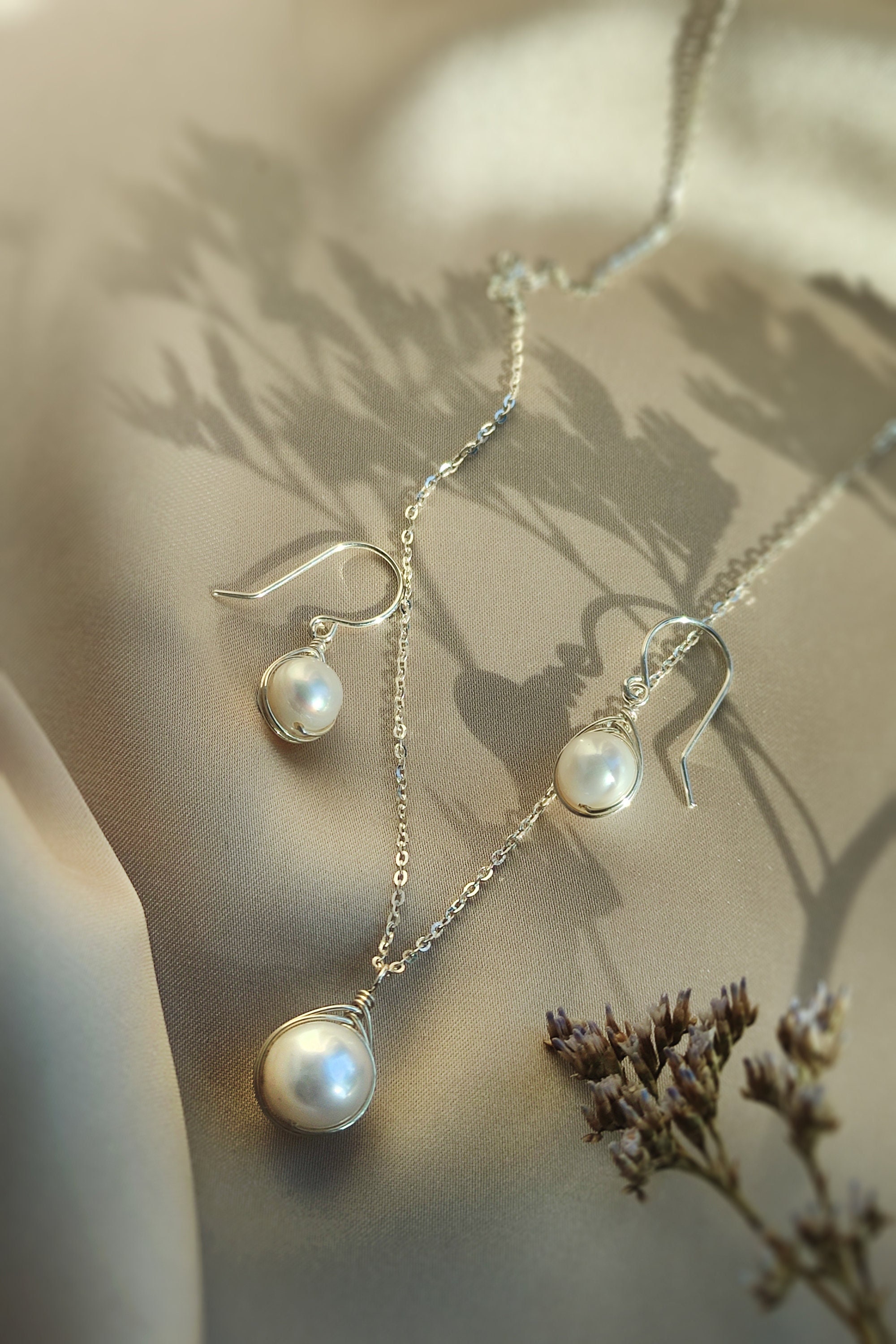 Simple Pearl Earrings and Necklace Set in Sterling Silver