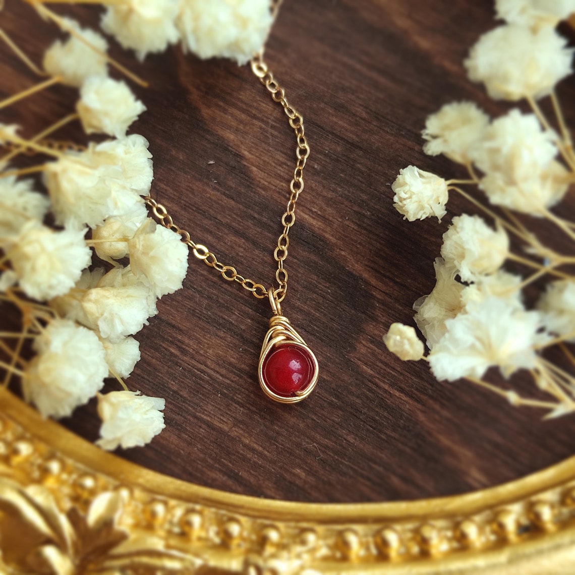 Dainty Ruby Necklace 14K Gold Filled