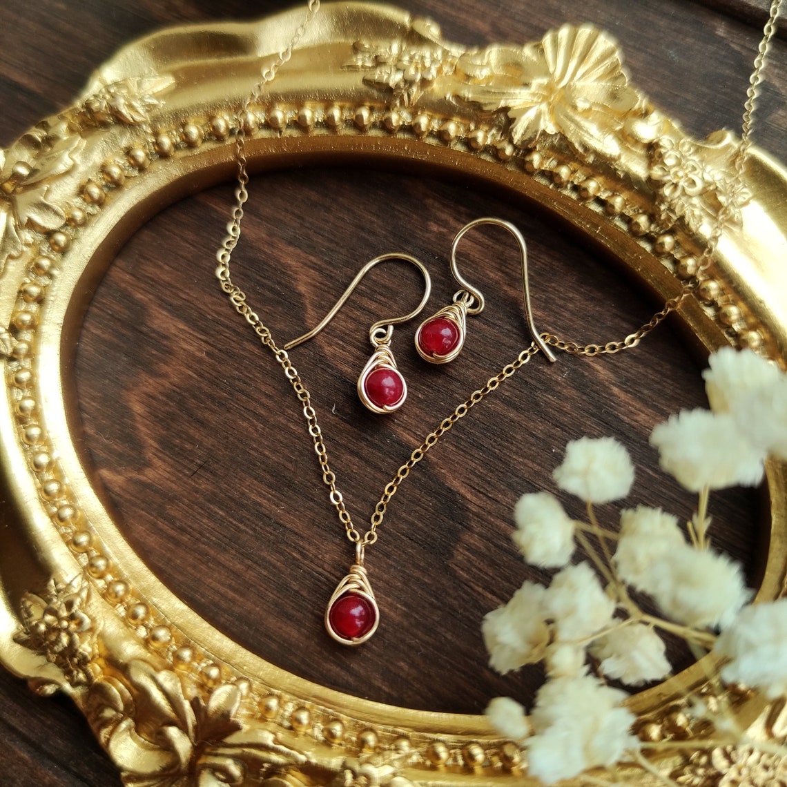 Dainty Ruby Earrings and Necklace Set 14K Gold Filled