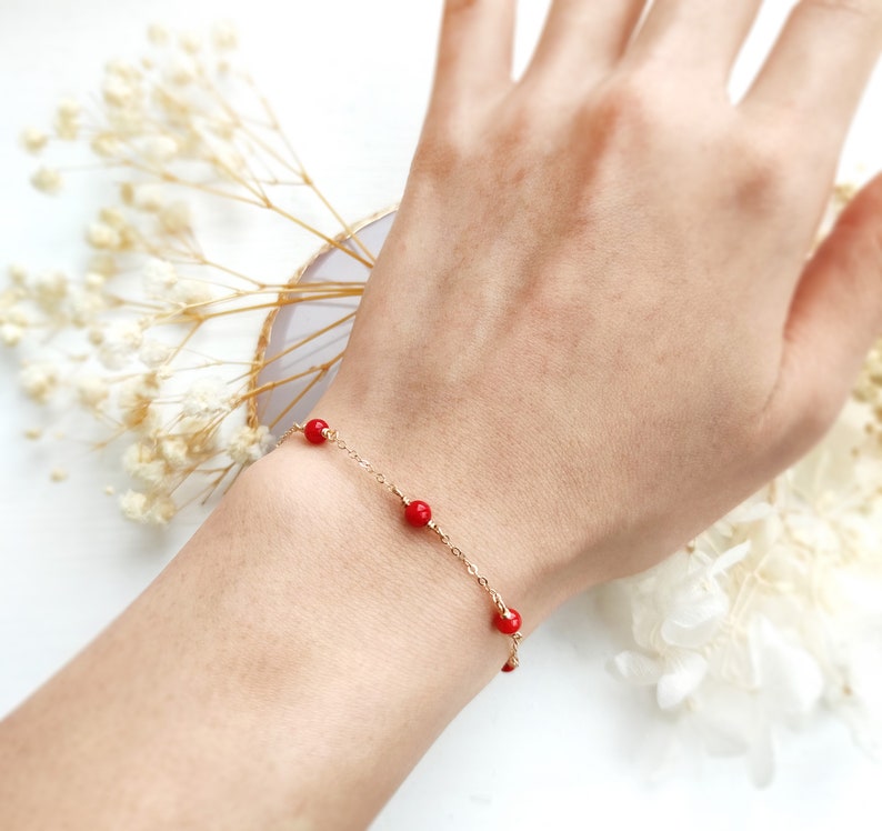 Red Coral Bracelet 14K Gold Filled, Rose Gold Filled, Sterling Silver Delicate Layering Bracelet, Birthstone Gift For Her image 3