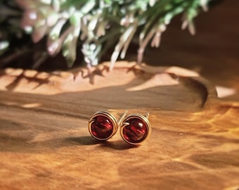 Tiny Garnet Stud Earrings, 14K Gold Filled, Rose Gold, Sterling Silver 4mm Garnet Wire Wrap Earrings, January Birthstone