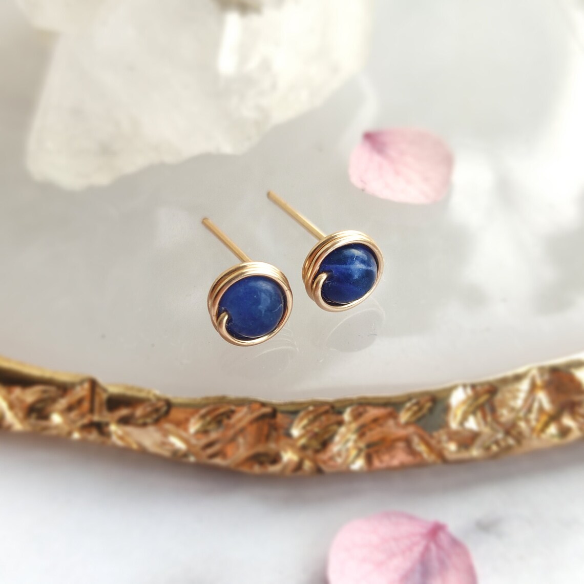 Tiny Sodalite Stud Earrings 14K Gold Filled