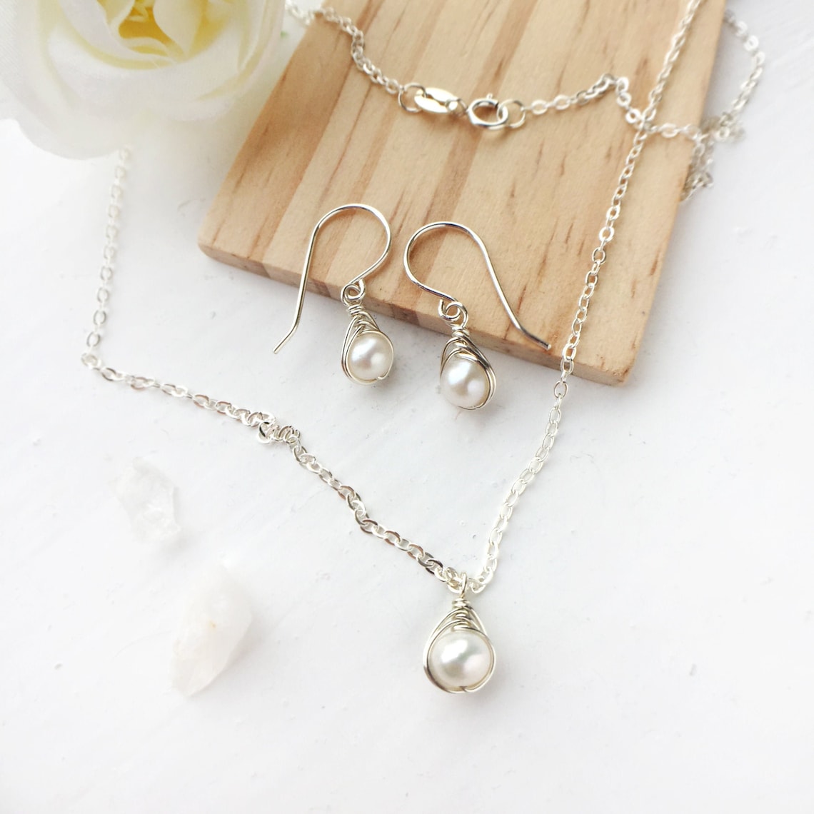 Dainty White Pearl Earrings & Necklace Set