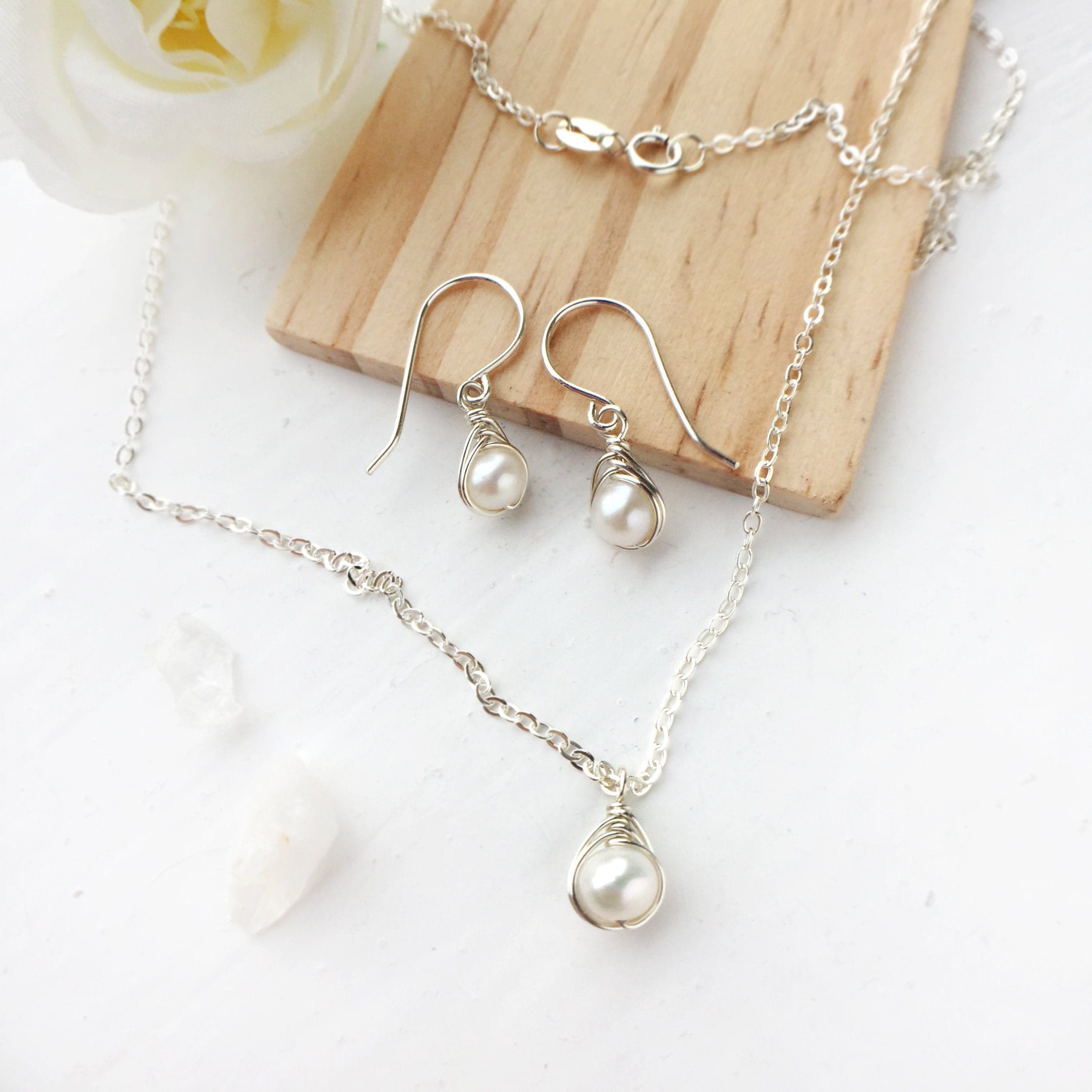 Dainty White Pearl Earrings & Necklace Set