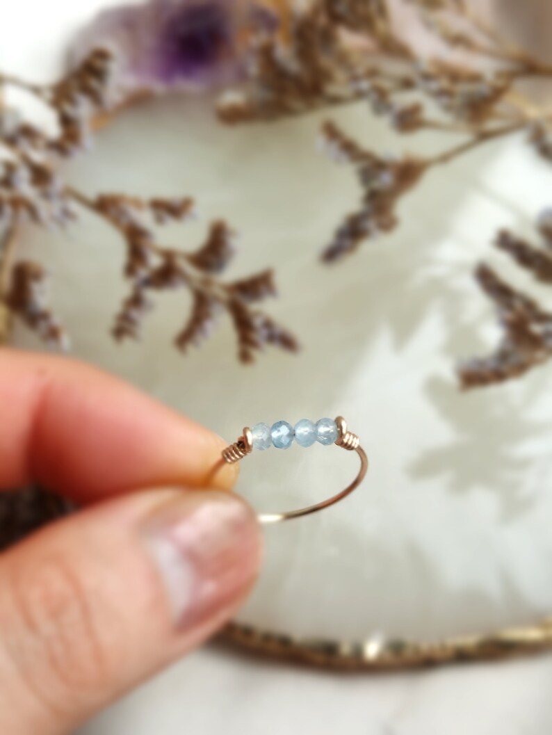 Dainty Raw Aquamarine Ring, 14K Gold Filled, Rose Gold Filled, Sterling Silver, Thin Gold Stacking Ring, March Birthstone image 5