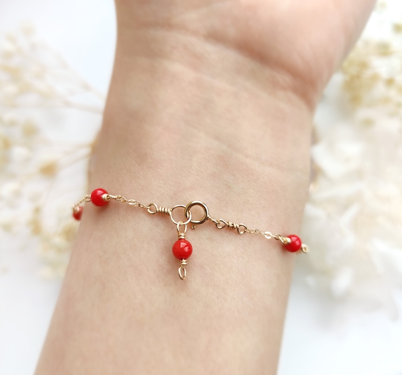 Red Coral Bracelet 14K Gold Filled, Rose Gold Filled, Sterling Silver Delicate Layering Bracelet, Birthstone Gift For Her image 4